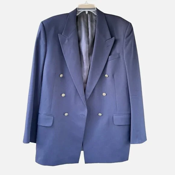 VTG Oscar de la Renta Men's Wool Gaberdine Navy Double Breasted Blazer Size 42L